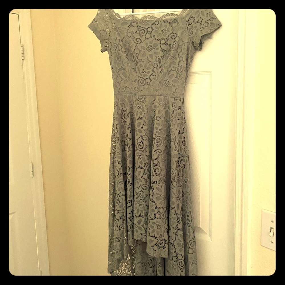 Gray Lace off the shoulder hi low dress